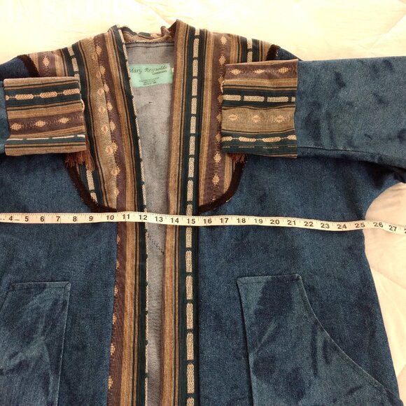 MARY REYNOLDS DESIGN Jacket M/L Blue Textured Denim Western Open Duster Tassel - Picture 14 of 15